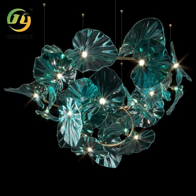 Large Glass Emerald Lotus Leaves Shape Chandelier For Staircase Hotel Lobby