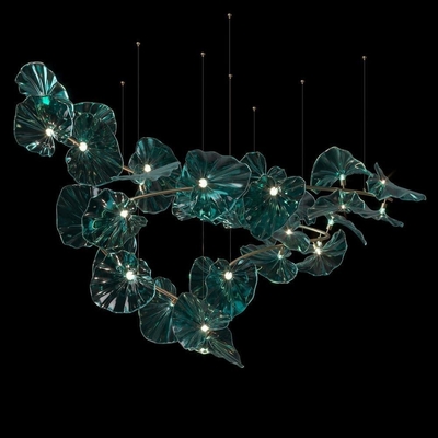 Large Glass Emerald Lotus Leaves Shape Chandelier For Staircase Hotel Lobby